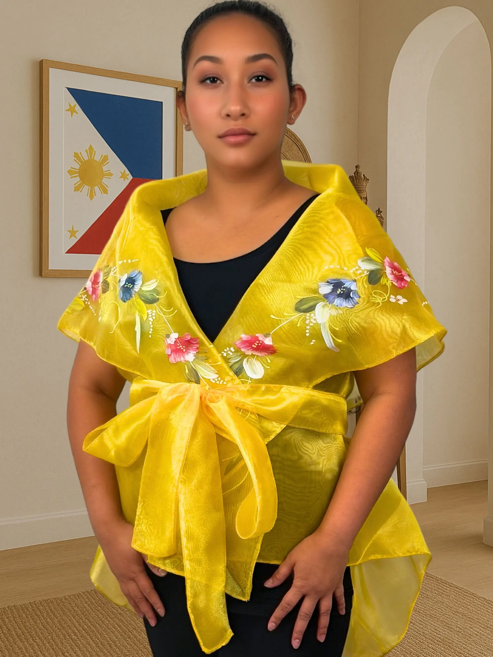 Handmade Kapamilya Panuelo Filipiniana Shawl – Hand-Painted Organza Scarf for Women’s Wedding, Formal & Evening Dresses