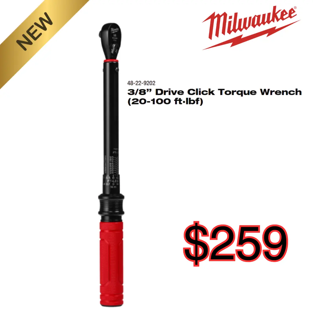 Milwaukee Tools 3/8” Drive Click Torque Wrench (20-100 ft·lbf) Milwaukee Tools 3/8” Drive Click Torque Wrench (20-100 ft·lbf)