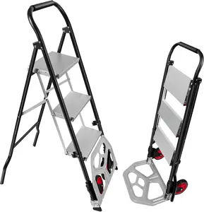 NUNET Heavy Duty 2-in-1 Hand Truck Step Ladder - 330lbs Ladder Capacity + 176lbs Cart | Foldable Multi-Functional Dolly with Non-Slip Safety Lock for Warehouse Garage Office Home