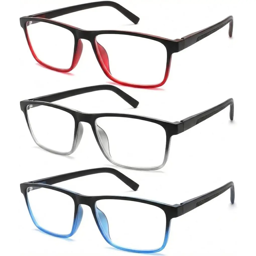 3 Pack Men's Reading Eyeglasses, Lightweight Square Frame Readers with Spring Hinges, Daily Blue Light Blocking Lenses (1.0-4.0)