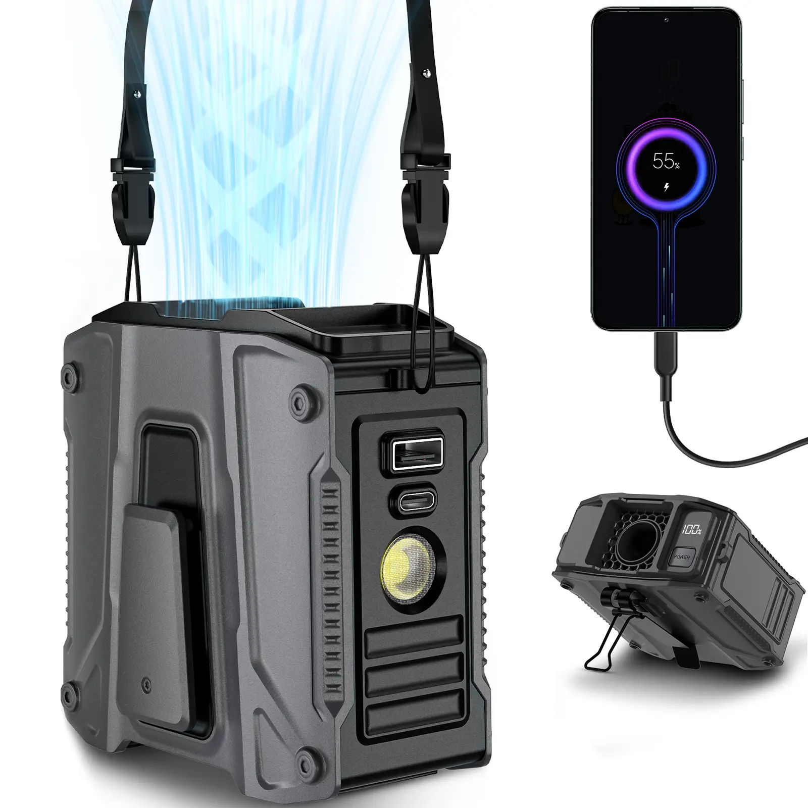 FrSara Waist Fan, 8000mAh PowerBank, Portable Fan, with Metal Clip, High Speed ​​Fan, Cooling Fan that Blows w/ Lanyard, 5-Speed, Light, LED Display,