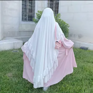 Chiffon Khimar with Ruffled Hem and Elegant Pink Accents for Modest Wear