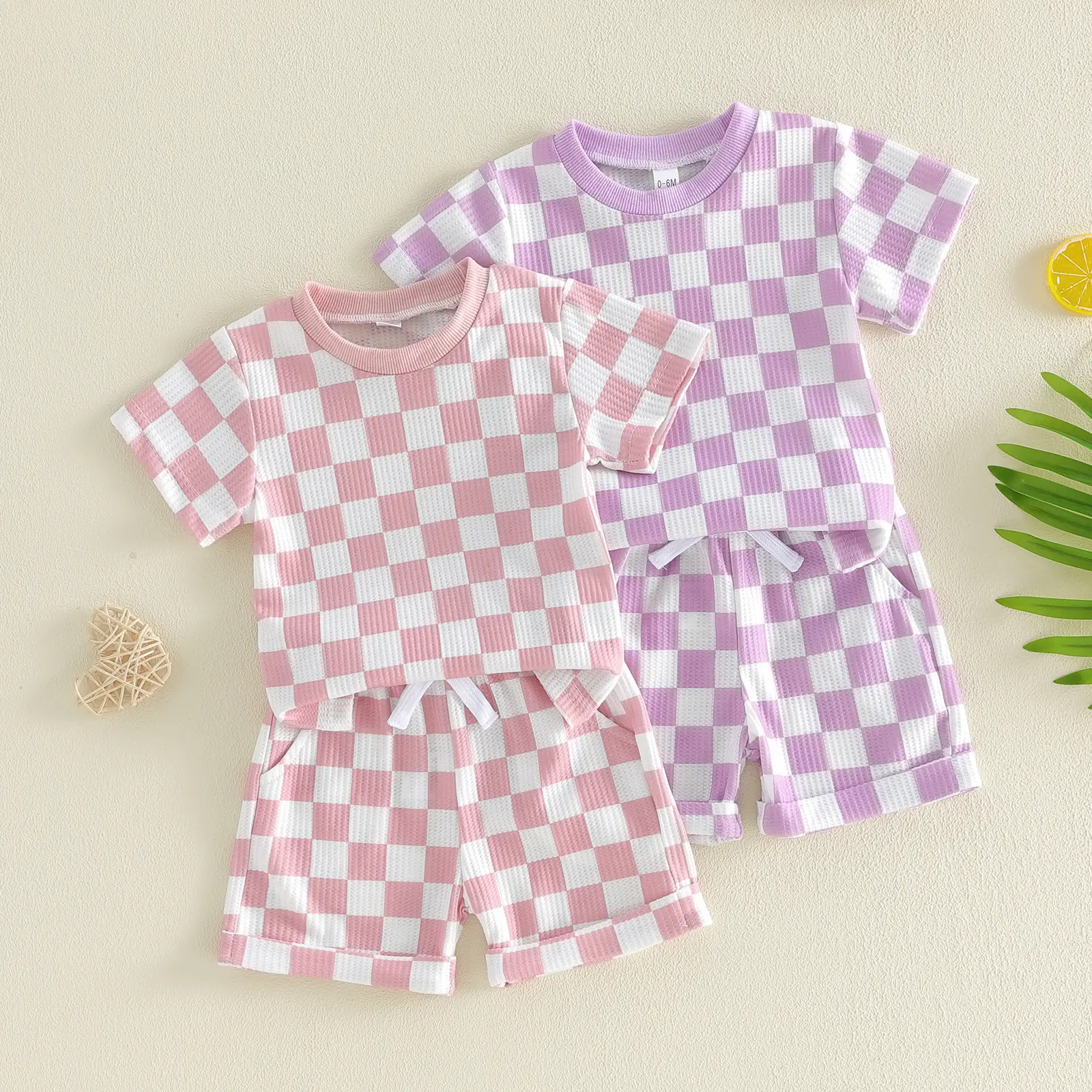 Afunbaby Toddler Baby Girl Summer Outfits Set Checkerboard Print Short Sleeve Waffle Tops T shirt Shorts 2Pcs Clothes Set