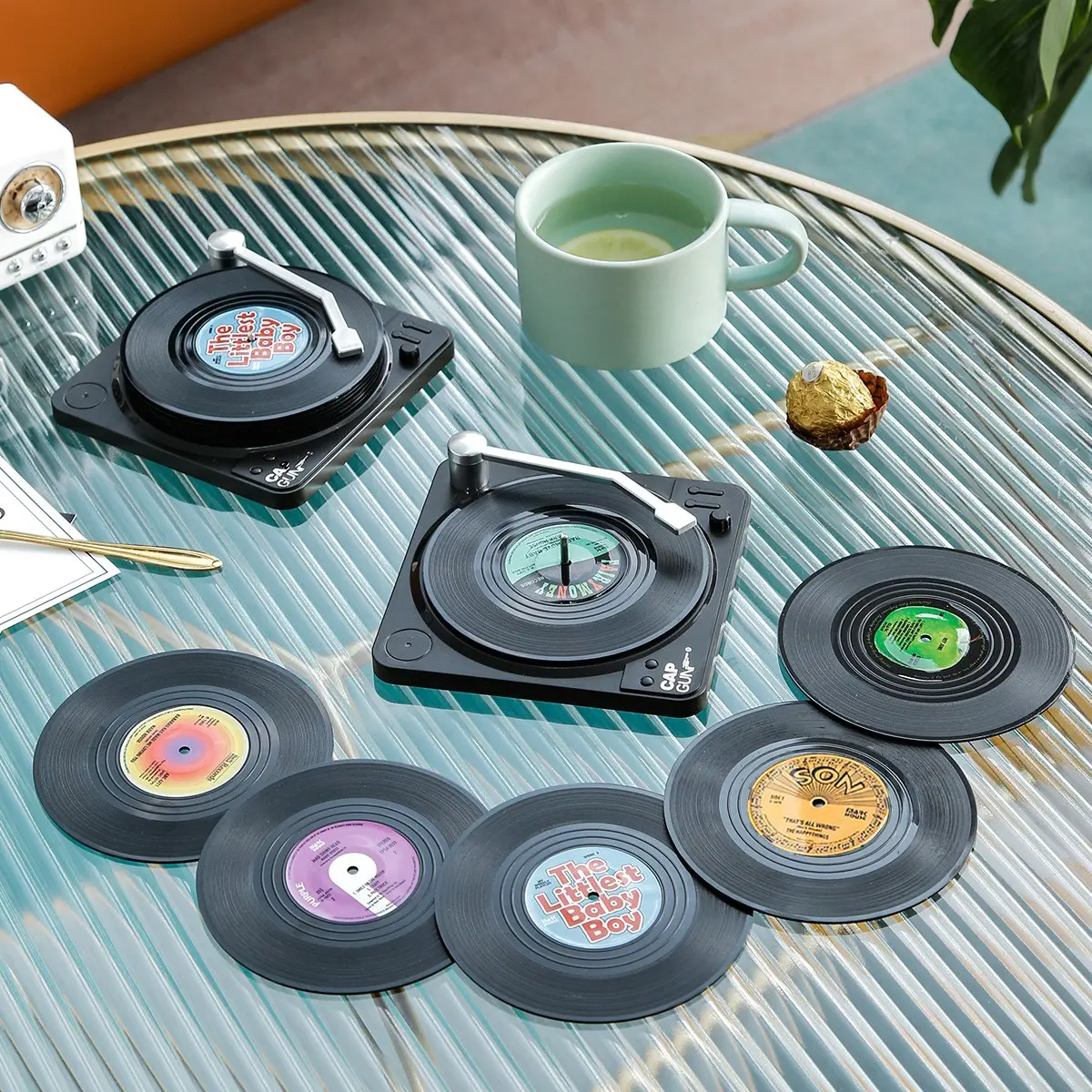 Vintage Vinyl Record Cup Mats Set of 6, Includes 1 Player Stand Mat, Coffee Table Decoration, Coasters for Drinks, Drinks, Fun, Unique, Nostalgic, Decorative and Functional Music Mats, Tableware