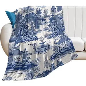 Thicken Throw Blankets Chinoiserie Blue and White Porcelain Chinese Style Buildings Pattern Flannel Fleece Blankets for Bed Couch Sofa Chair,Warm Cozy Fuzzy Plush Super Soft Blanket 60x80in