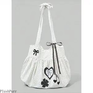 Women's Cute Bow Vintage Tote Bag - Large-Capacity Gym Sports Duffle with Heart, Polka Dot, Floral Embossing, 13-16 In Laptop Fit, Ideal for Office, Daily Commuting