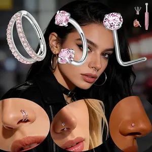 20G Nose Piercings Kit 3PCS Sparkling Zircon Inlay Nose Ring Set With Titanium Double Hoop Nose Ring Horseshoe Nose Rings Nose Studs Perfect Women Gifts