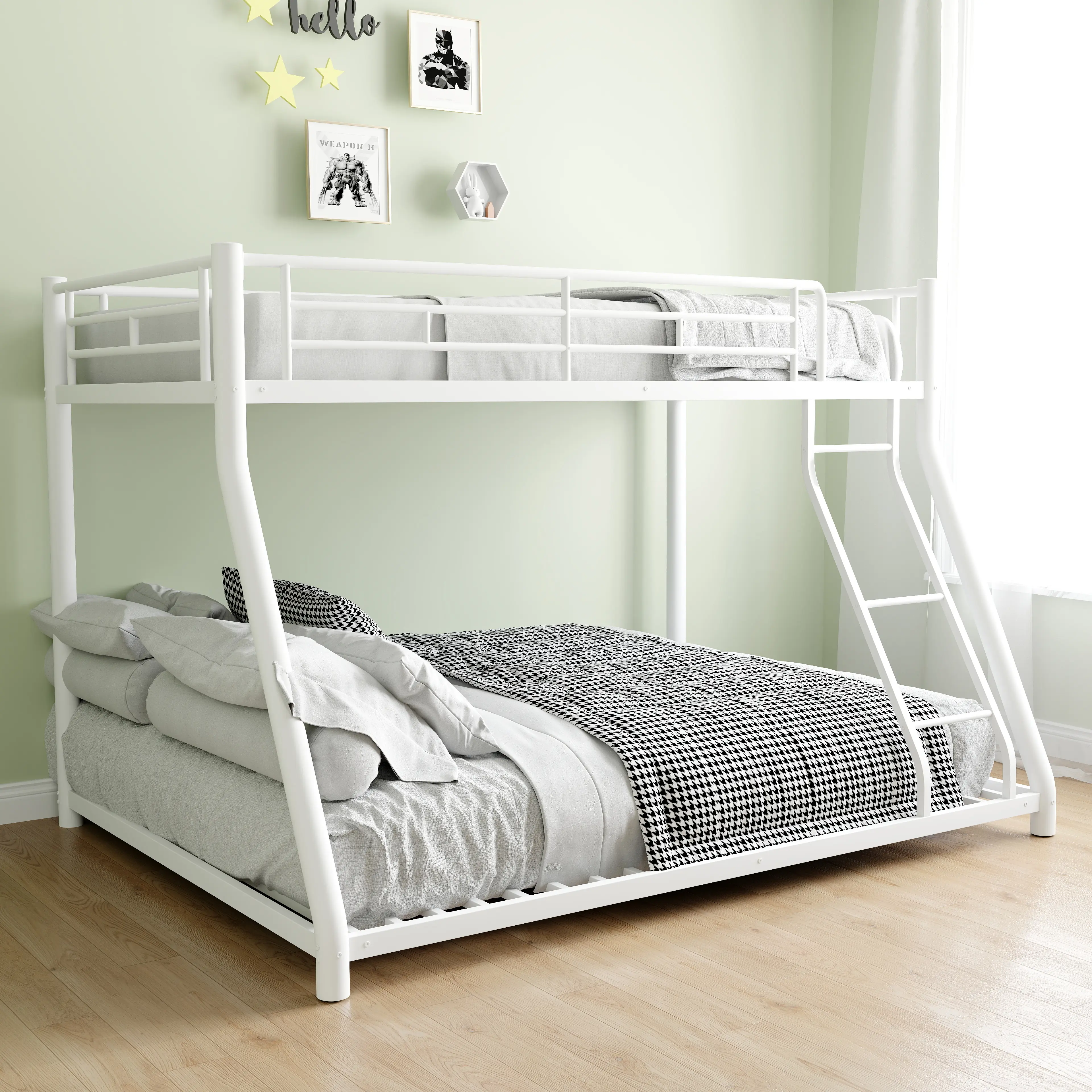 Twin Over Full Bunk Bed, Heavy Duty Metal Bunk Bed Frame for Adults, 2 Side Ladder, Guardrail, Space-Saving, Noise Reduced, No Box Spring Needed,White (Twin Over Full)