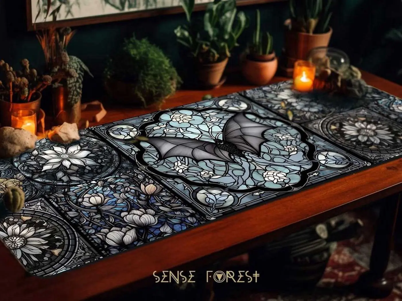 Medieval Gothic stained glass bat PU leather desk mat anime, Goth XXL Tarot gaming mouse pad RGB, Mystical Ergonomic mousepad wrist rest