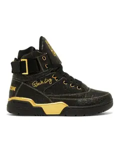 Ewing Athletics Patrick Ewing 33 HI x RAKIM Black/Gold Retro Hip-Hop Sneaker with Embossed Upper & Monogram RA Print