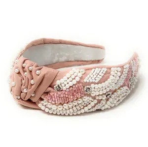 Hand Bead Knot Headband, Custom Knot Headband, Wide Knot Headband, Embellished Knot Headband, Neutral Color Knot Headband, Bridal Headband