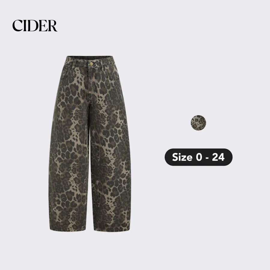 Lady's Fashion Everyday Clothes - Cider Denim Low-Rise Leopard Barrel-Leg Jeans (Size 0-24), Pieces, Women, Statement, Bottom, Pants, Low Waist Style, Barrel Jeans, Leopard Print