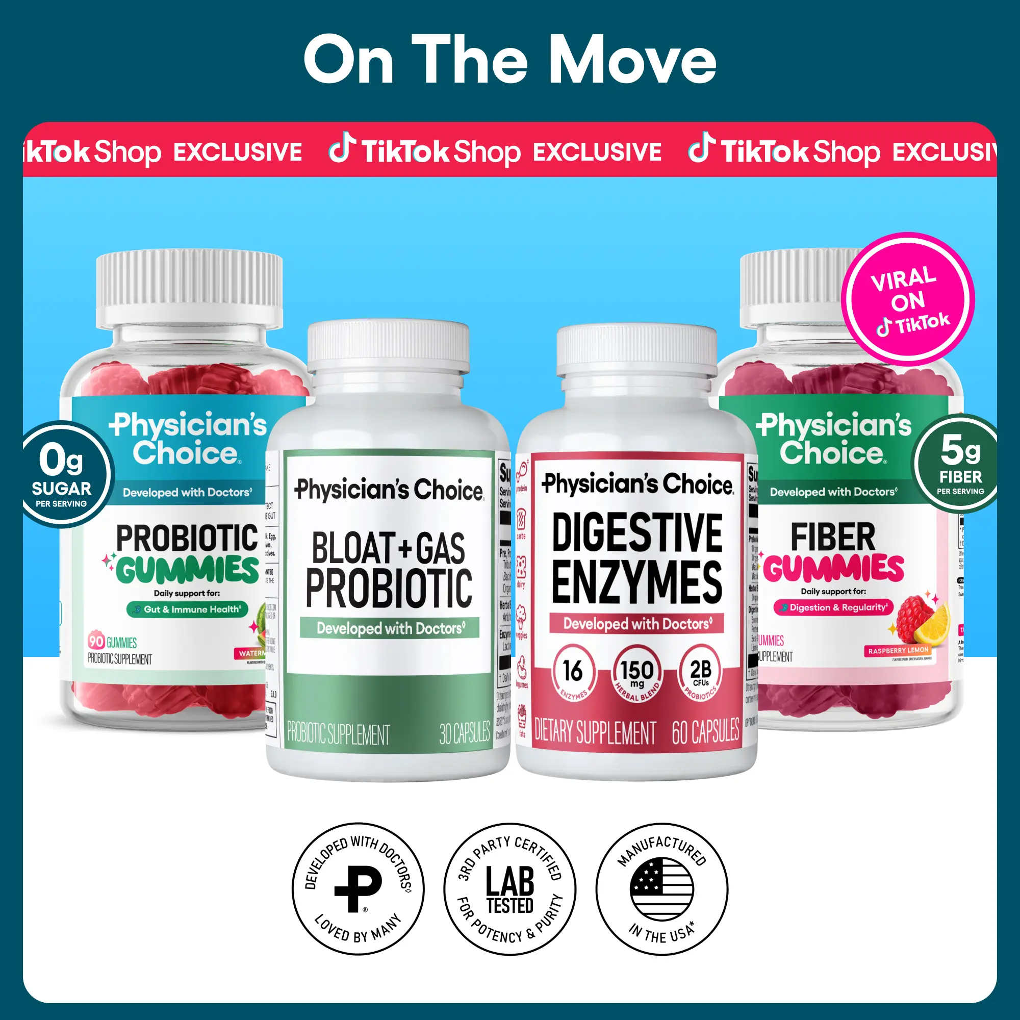 Physician's Choice On the Move Bundle: Gut Health, Digestion & Immune Support with Probiotic, Fiber Gummies & More Physician's Choice On the Move Bundle: Gut Health, Digestion & Immune Support with Probiotic, Fiber Gummies & More