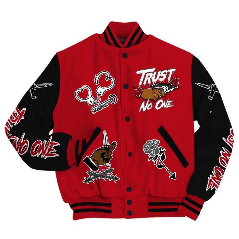 Bred Velvet 11s - Trust No One Dripping All Over Print Varsity Jacket, 90s Hip Hop Baseball Jacket, Sports Lightweight Jacket, Stylish Unisex Streetwear Outerwear, Sneaker Match Streetwear Jacket