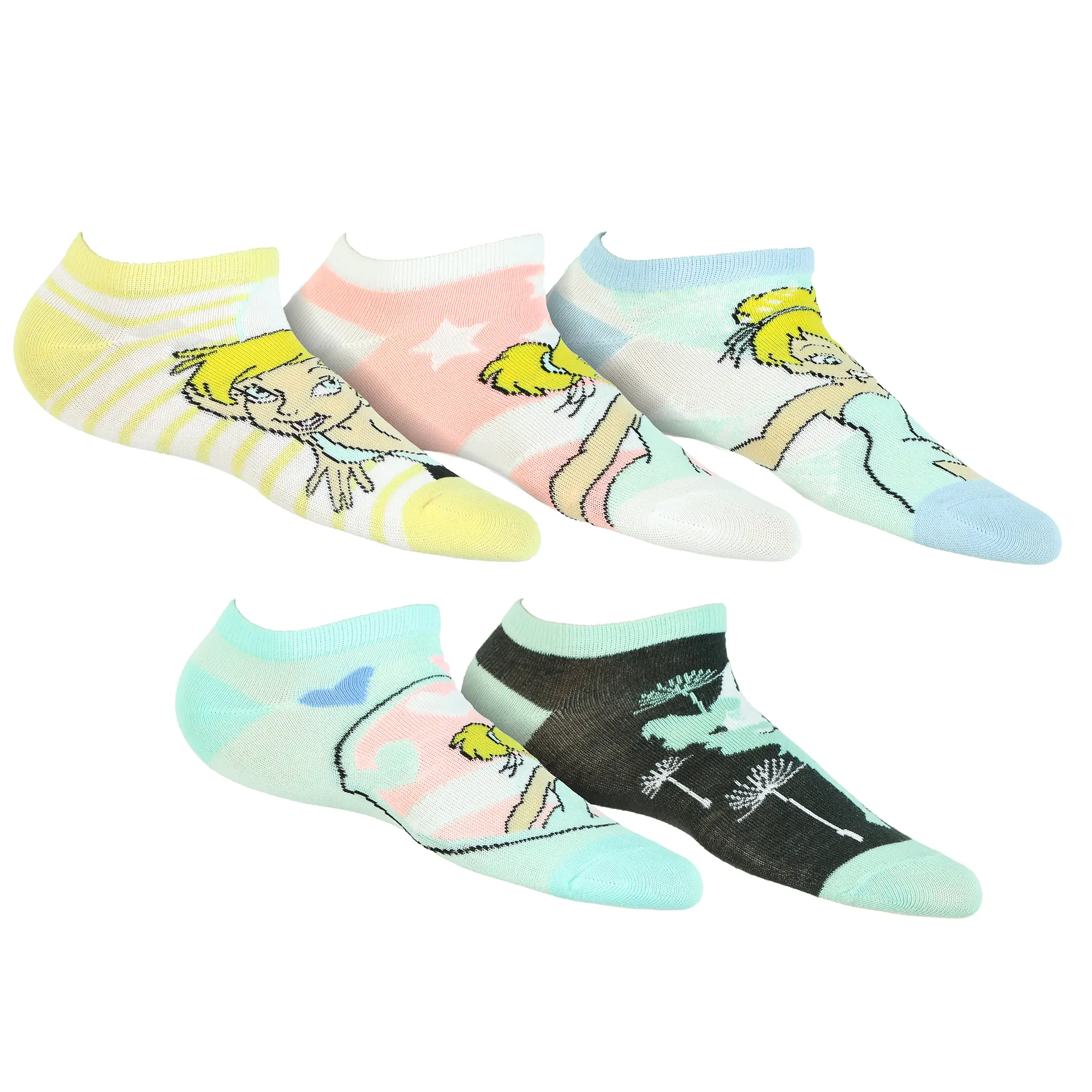 Disney Tinkerbell Ankle Socks Girl's 5-Pack Mix and Match Low Cut, 5 Pair