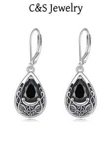 A pair of elegant 925 sterling silver Celtic knot pendant earrings, paired with black cubic zirconia retro lever earrings, suitable for daily wear, parties, and gifts for women