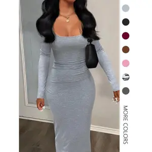 Women’s sexy plain U-neck long-sleeve bodycon dress; minimalist solid long dress with tight sleeves for fall; ladies’ clothing for autumn