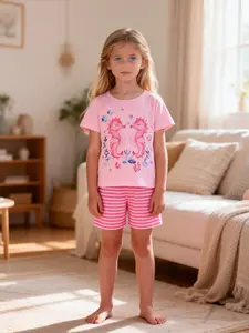 Girls' Sleepwear Set, Soft & Comfortable Home Wear, Sea Horse Pattern Print Design, Ideal for Daily Use, Perfect Gift Choice