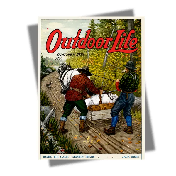 Vintage Hunting Poster, Outdoor Life 1925 Cover, Idaho Big Game Hunting Print, Classic Hunter and Horse Art, Rustic Wilderness Wall Decor, Antique Sportsman Artwork