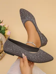 Breathable Mesh Rhinestone Single Shoes for Women, Soft Sole Comfortable Pointed Flat Shoes, Versatile Office Low Heel Women's Shoes