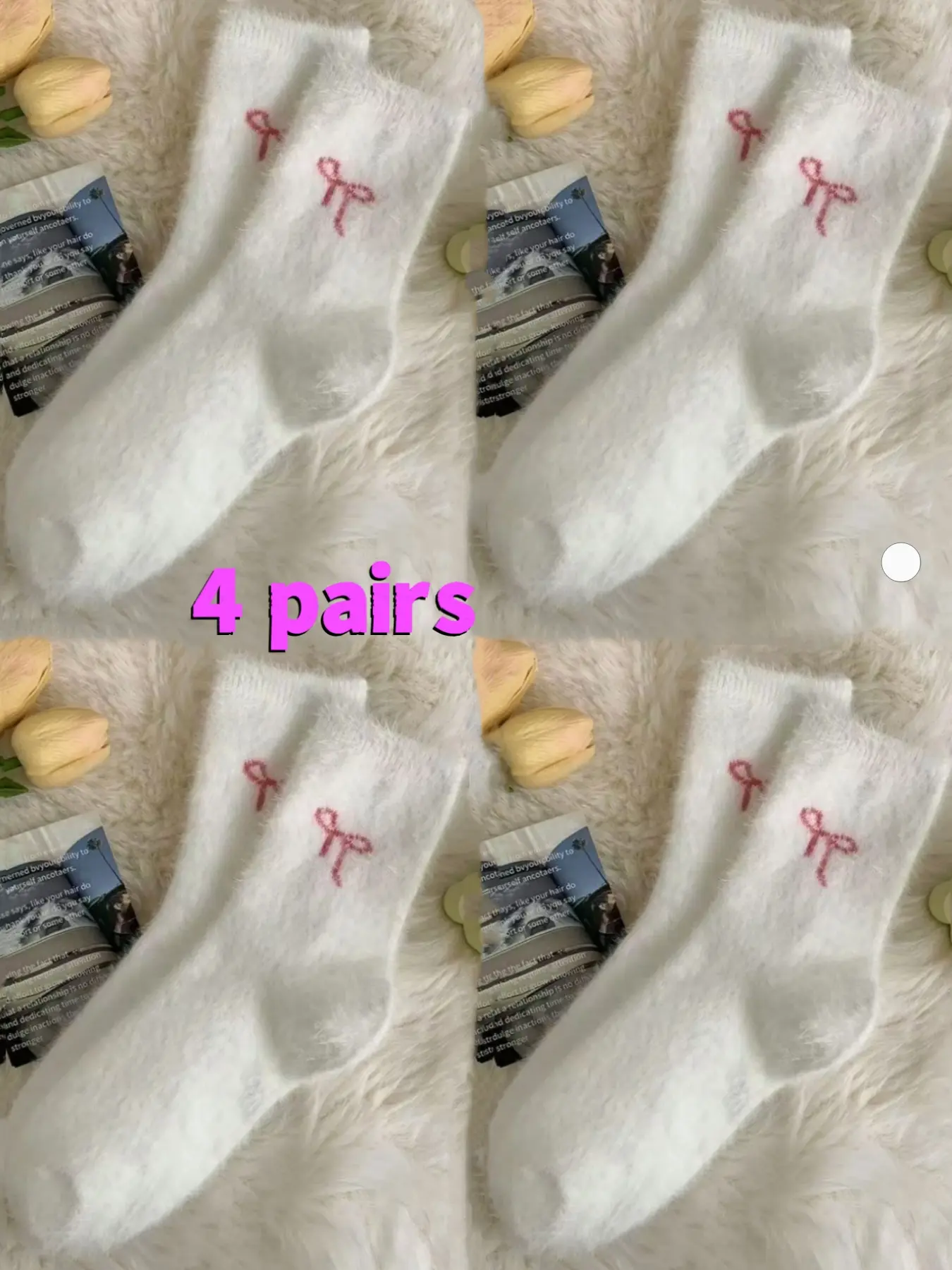 4 pairs of women's autumn and winter plush mid-calf socks. These bow-designed mid-calf socks are soft and comfortable, suitable for daily outings and as warm floor socks at home, Casual Comfy Socks, Casual Daily Socks