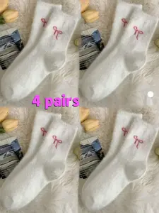 4 pairs of women's autumn and winter plush mid-calf socks. These bow-designed mid-calf socks are soft and comfortable, suitable for daily outings and as warm floor socks at home, Casual Comfy Socks, Casual Daily Socks