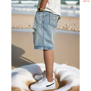 Bmuvlss American Casual Plankton Wash Vintage Ripped Denim Shorts Men's Loose Fashion High Street Quarter Pants