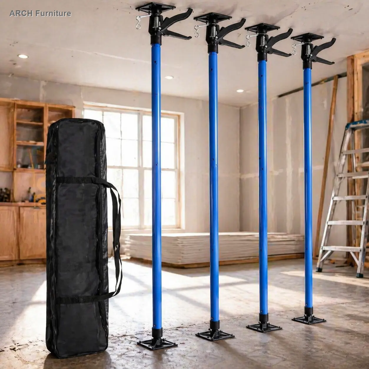 Black 4-Pack Adjustable Steel Rod Arch Support Pole - 3rd Hand Support System, 45-114 in Extension, for Drywall & Cabinet Installation, with Carry Bag