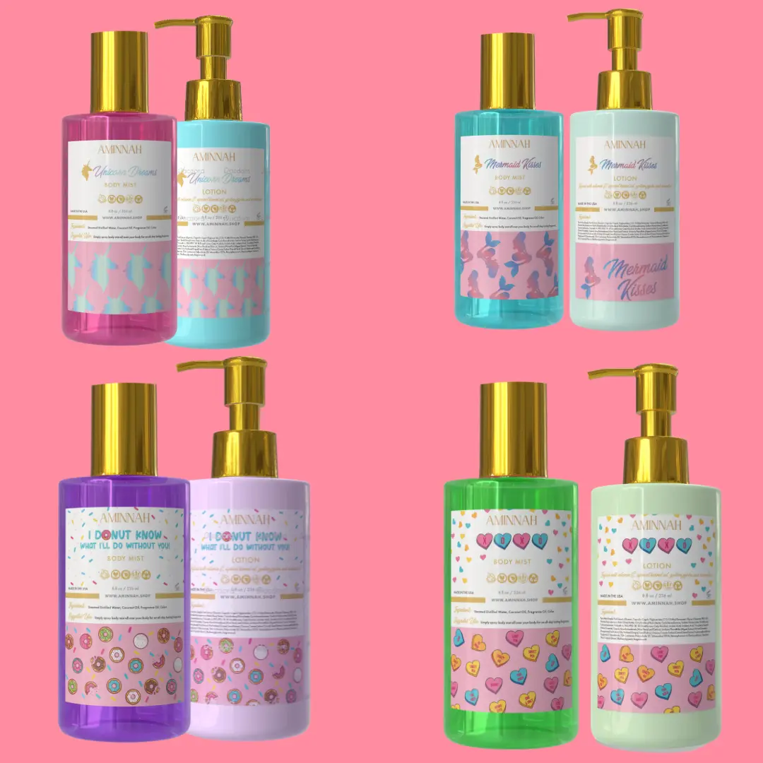 Aminnah Body Mists & Lotions Bundles - Unicorn Dreams, Mermaid Kisses, XOXO, Sprinkle Donut Scents - Lightweight Fragrance & Hydration - 2/8-Piece Set for Women & Girls - Perfect Gift for Any Occasion