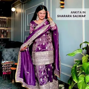 Women chinnon silk purple plazo wedding collection Indian suit party wear  Eid collection