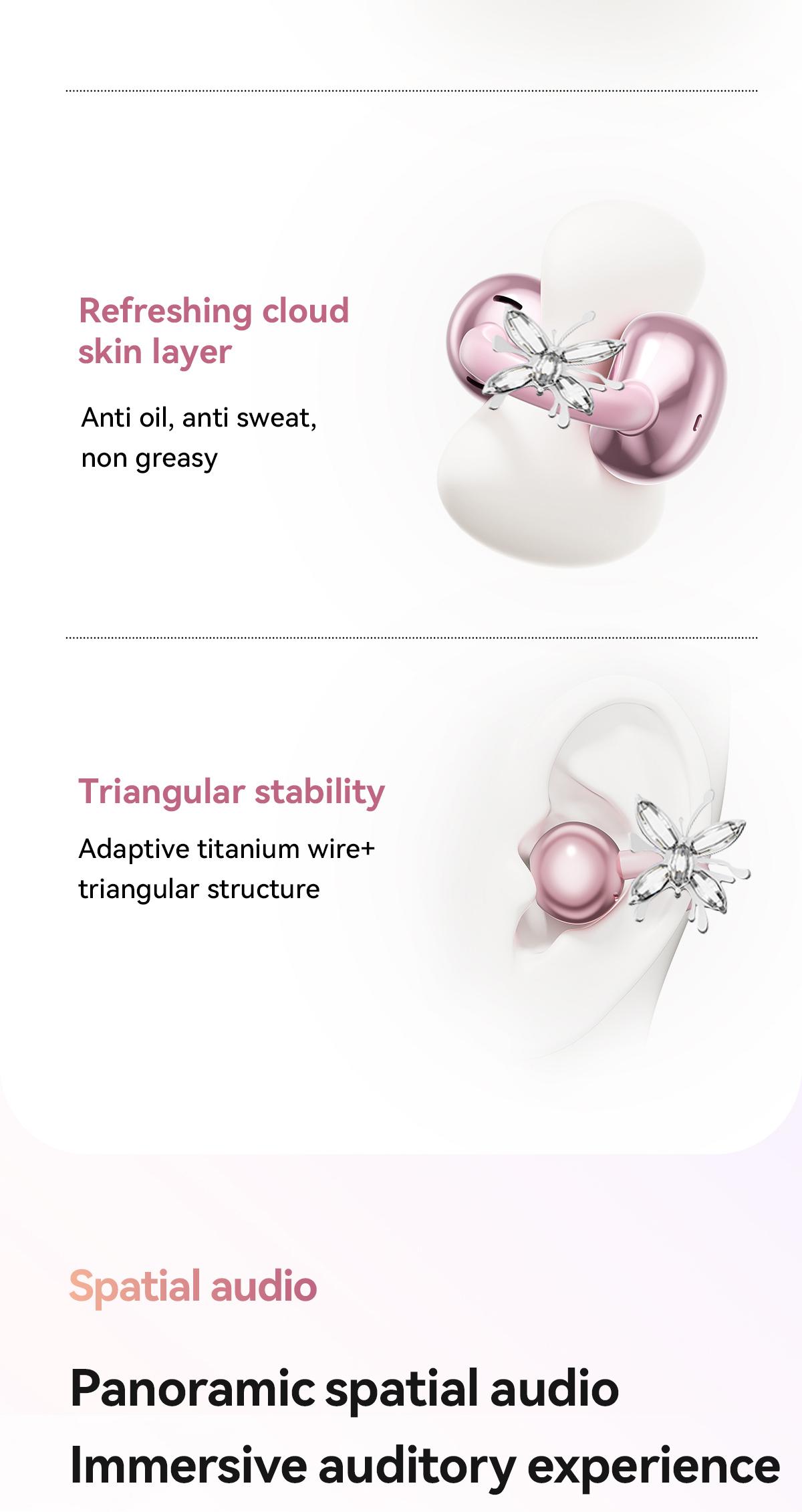 Chengruida M161 ,Butterfly earrings ,Portable Beauty Tool Clip-On Headphones, Fashion Earring Style Open Ear Wireless Earbuds with Panoramic Surround Sound