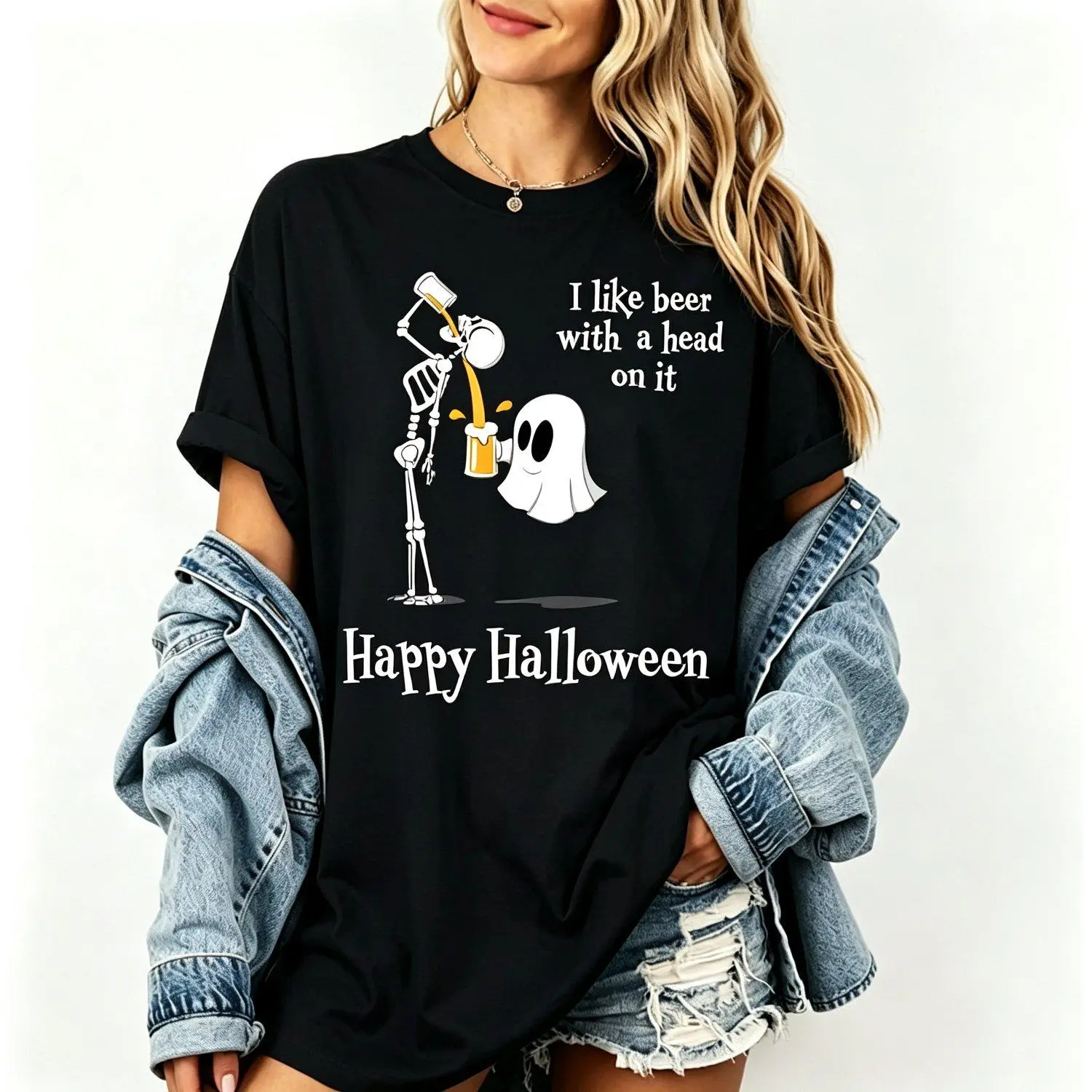 Funny Halloween Skeleton Ghost Beer I Like Beer With A Head On It Spooky Halloween Drinking Party T Shirt Tee Short Sleeve Novelty Casual Apparel