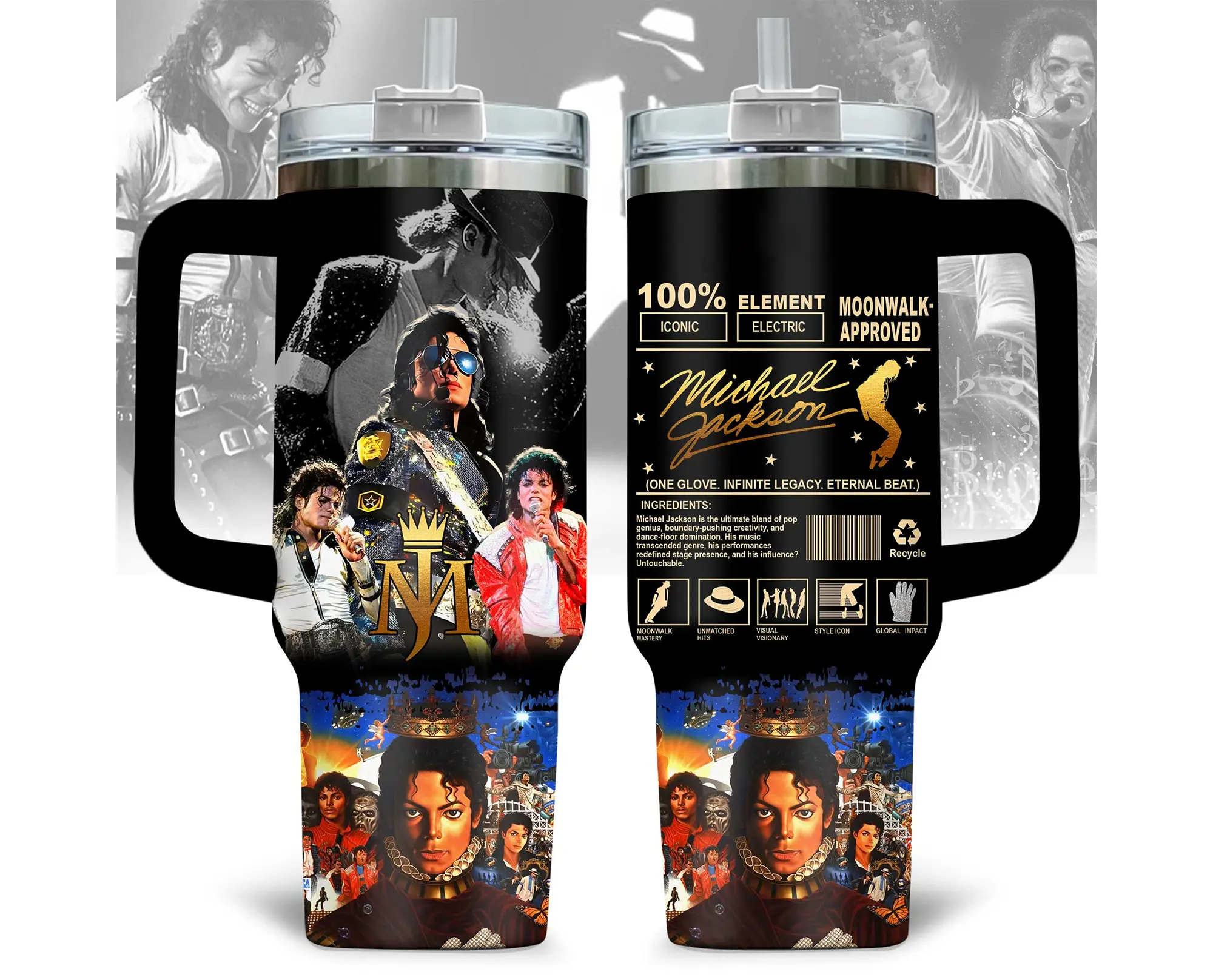 Michael Jackson King of Pop Tumbler 40oz & 20oz, Vintage Music Graphic Cup with Handle, Insulated Stainless Steel Travel Mug, Iconic MJ Fan Gift, Classic Pop Aesthetic