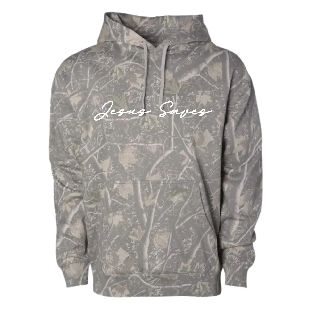 Camo Hoodie  Menswear with 'Jesus Saves' Graphic, Woodland Camo Print, Faded Vintage Wash-Out Look, Casual Fleece Top Sweatshirts
