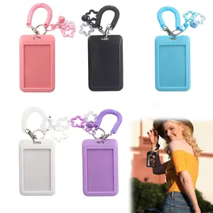 Cute Pastel ID Badge Holder with Coil Keychain & Star Charm - Vertical Card Protector for Students, Nurses, Work ID & Bus Pass