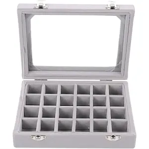 PrimPick 24 Grid Velvet Glass Jewelry Box Jewellery Organiser Earring Ring Storage Holder Case Box Home Jewelry Organizer