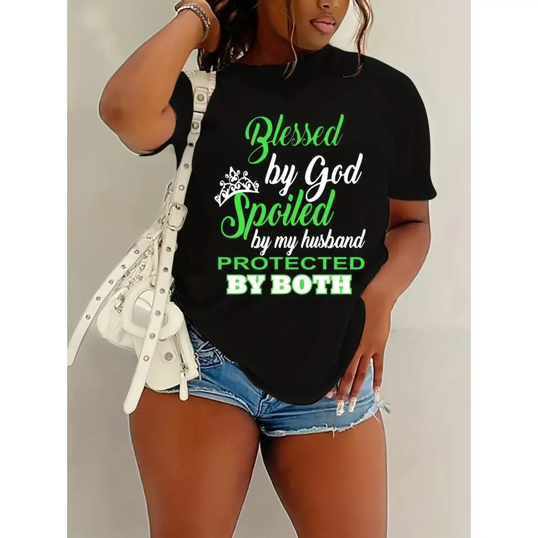 Women's Cotton Oversized Graphic Tee - "Blessed By God Spoiled By My Husband" Print, Short Sleeve Casual Loose Tee, Drop Shoulder Loose-Fitting Summer Daily Top, Couple Outfits Gift For Wife, Street