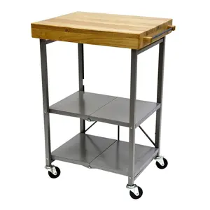 Origami Solid Wood Top Foldable Wheeled Portable Kitchen Island Bar Cart, Silver Origami Solid Wood Top Foldable Wheeled Portable Kitchen Island Bar Cart, Silver