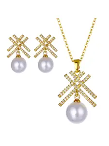 Fashionable Instagram new plated temperament 18K gold micro inlaid snowflake imitation pearl necklace earring set, light luxury collarbone party gift first choice