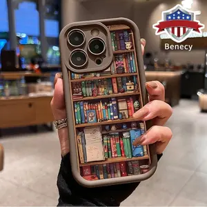 Cartoon Bookshelf Pattern TPU Phone Case for iPhone 17 Pro Max 16 15 14 Plus 13 12 11 Air XR X XS  Plus Shockproof Non Slip Military-Grade Protective Silicone Cover Cellphone Protection Casing
