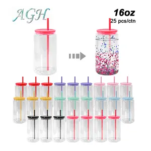 USA 25pcs 16oz double-walled Glass Tumbler Double Wall  Reusable Gift Glass Beer Cola Juice Cold Coffee Mugs Can With Colored Lids Pre Drilled Hole Plug