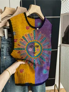 1 piece + Spring and summer back-to-school casual style loose round-neck sleeveless woolen knitted top with dark blue trim and color-blocking printed patterns. Women's outerwear for women, paired with a vest, worn alone Tanktops