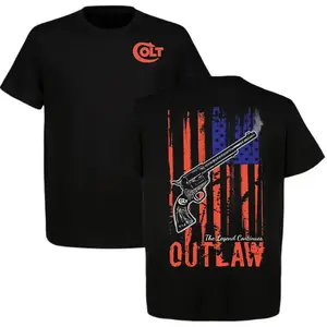 Colt Outlaw T-Shirt, American Flag Gun Tee For Men, Western Cowboy Graphic Top, The Legend Continues Patriotic Shirt, 2nd Amendment Style, Cool USA Freedom Outlaw Colt T-Shirt, Black Casual Short Sleeve Tee