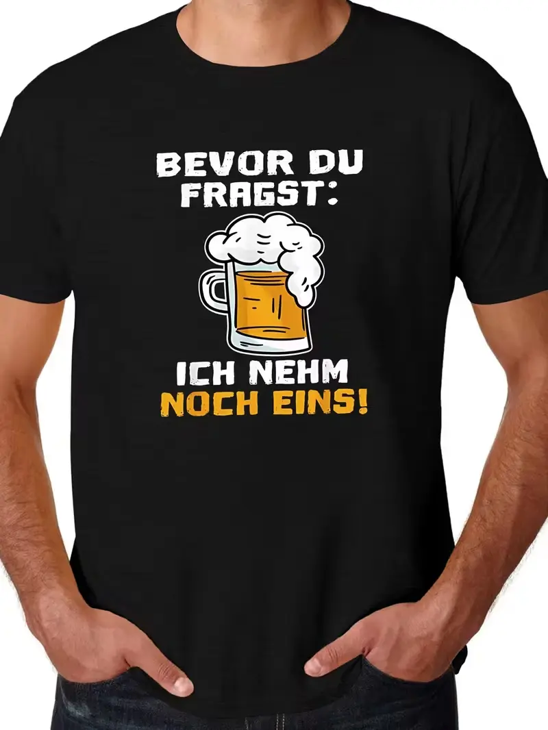 Cartoon Mug Graphic German Funny Casual Phrase T-Shirt, Mens Light Humor Daily Streetwear Tee, 100% Cotton Printed Craft SummerVibes Top, Relaxed Soft Breathable mens summer clothing