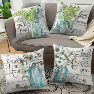 Cushion Cover Set 4pcs, Farmhouse Glass Bottle Plant Design, Soft Polyester Material, Multiple Sizes Available, Ideal for Home Decor & Gifts