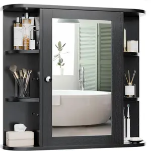 Bathroom Mirror Cabinet Wall Mounted, Bathroom Medicine Cabinet with Mirror and 6 Open Shelves, Modern Wall Cabinet, Black