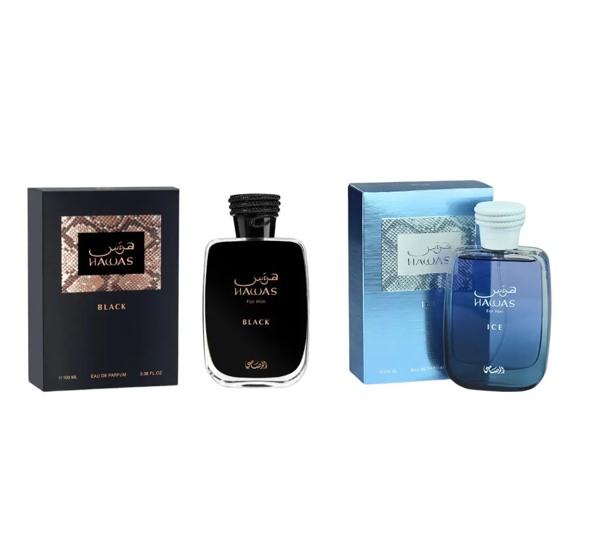 Rasasi Hawas Black + Hawas Ice Multi-Pack Men's Alcohol-Based Fragrances, 3.4 fl oz Per Bottle, Woody-Citrus Scent with Apple-Bergamot Notes