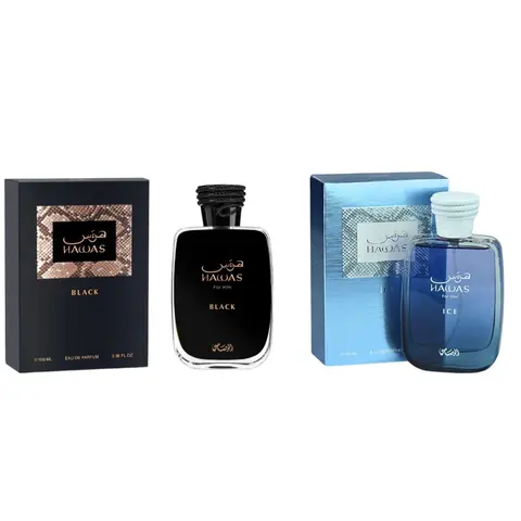 Rasasi Hawas Black + Hawas Ice Multi-Pack Men's Alcohol-Based Fragrances, 3.4 fl oz Per Bottle, Woody-Citrus Scent with Apple-Bergamot Notes