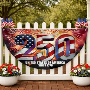 250th Anniversary of the United States polyester semi-circular fence banner featuring fireworks, stars, and stripes (1776–2026); patriotic gift, Independence Day decoration in the United States