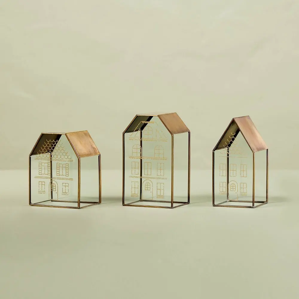 Decorative Glass & Brass Christmas Houses (Set of 3) - Hearth & Hand With